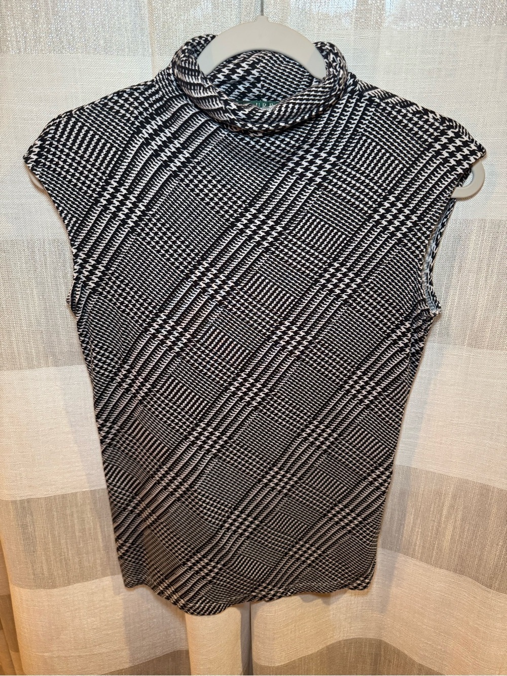 Ralph Lauren Black & White Houndstooth Sleeveless Mock Neck Tank